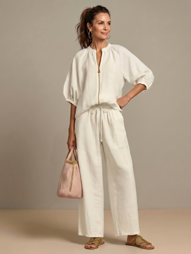 Elegantes Damen Set mit Puffärmeln und Weitbein-Hose - J&B - 13 - Atelier-Zofia