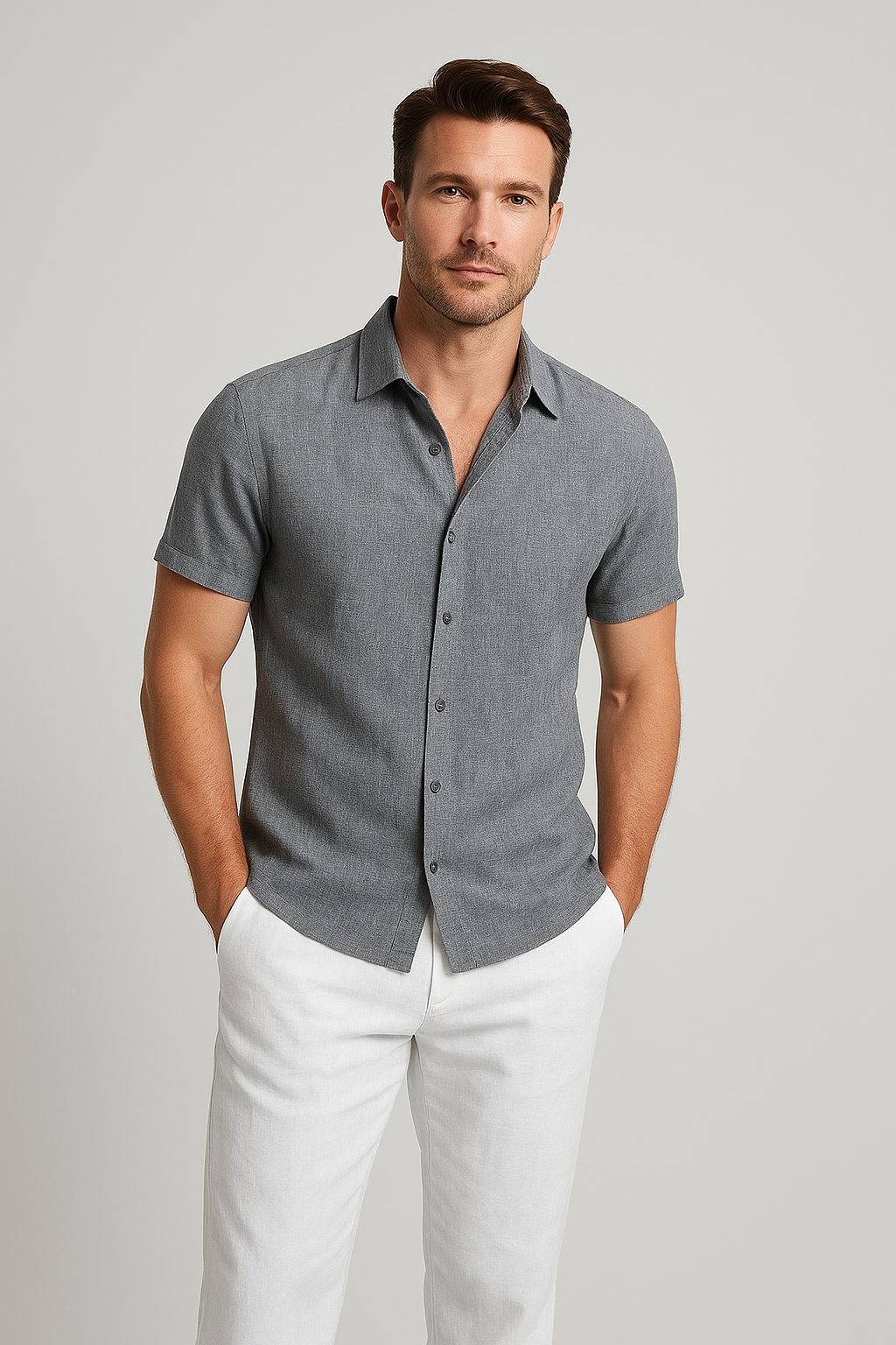 Robert – Casual cotton and linen Short Sleeve Shirt for Men - Image 1