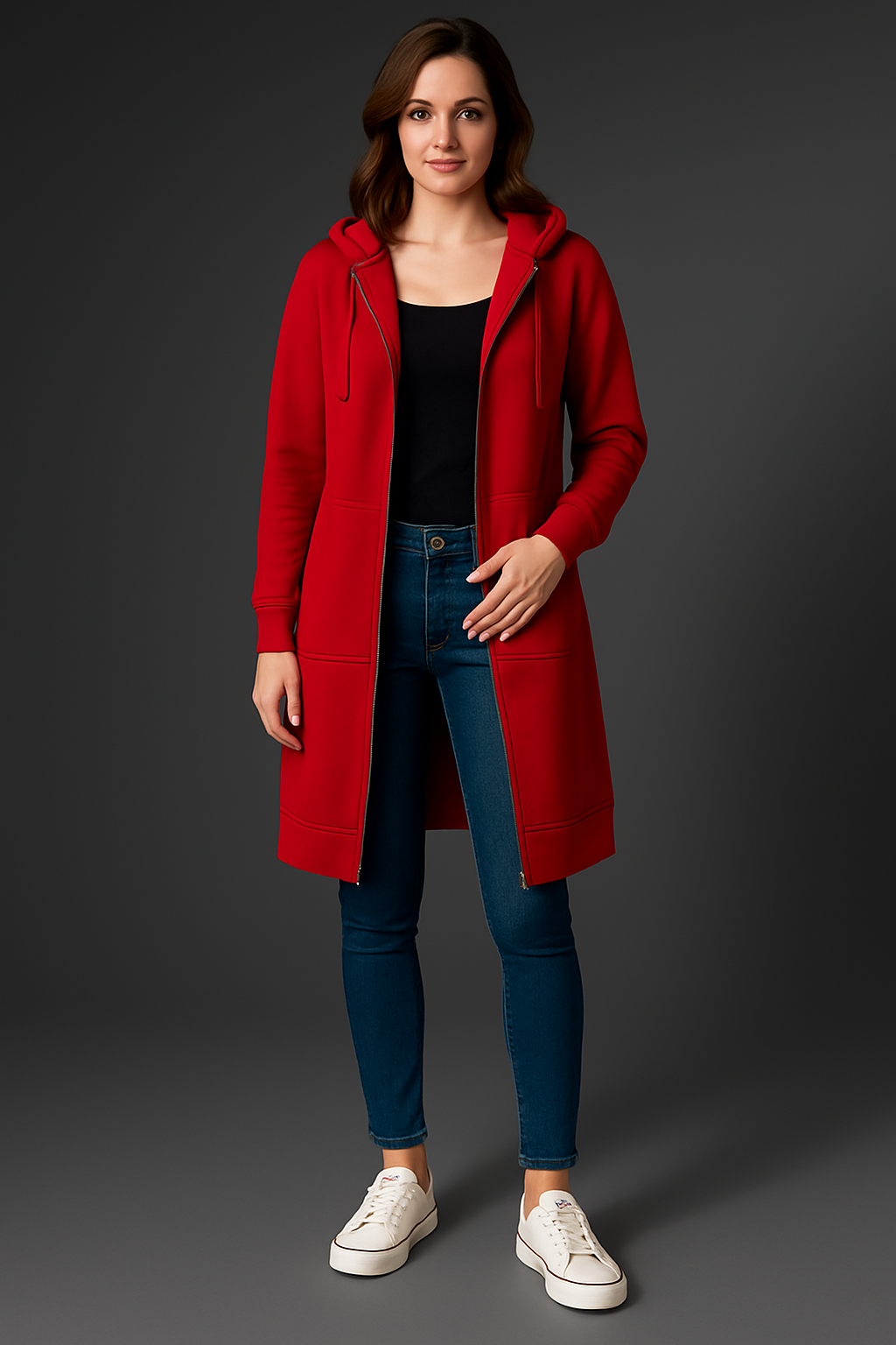Kapuzenjacke Damen lang geschnitten mit praktischen Taschen | A&Z - 2 - Atelier-Zofia