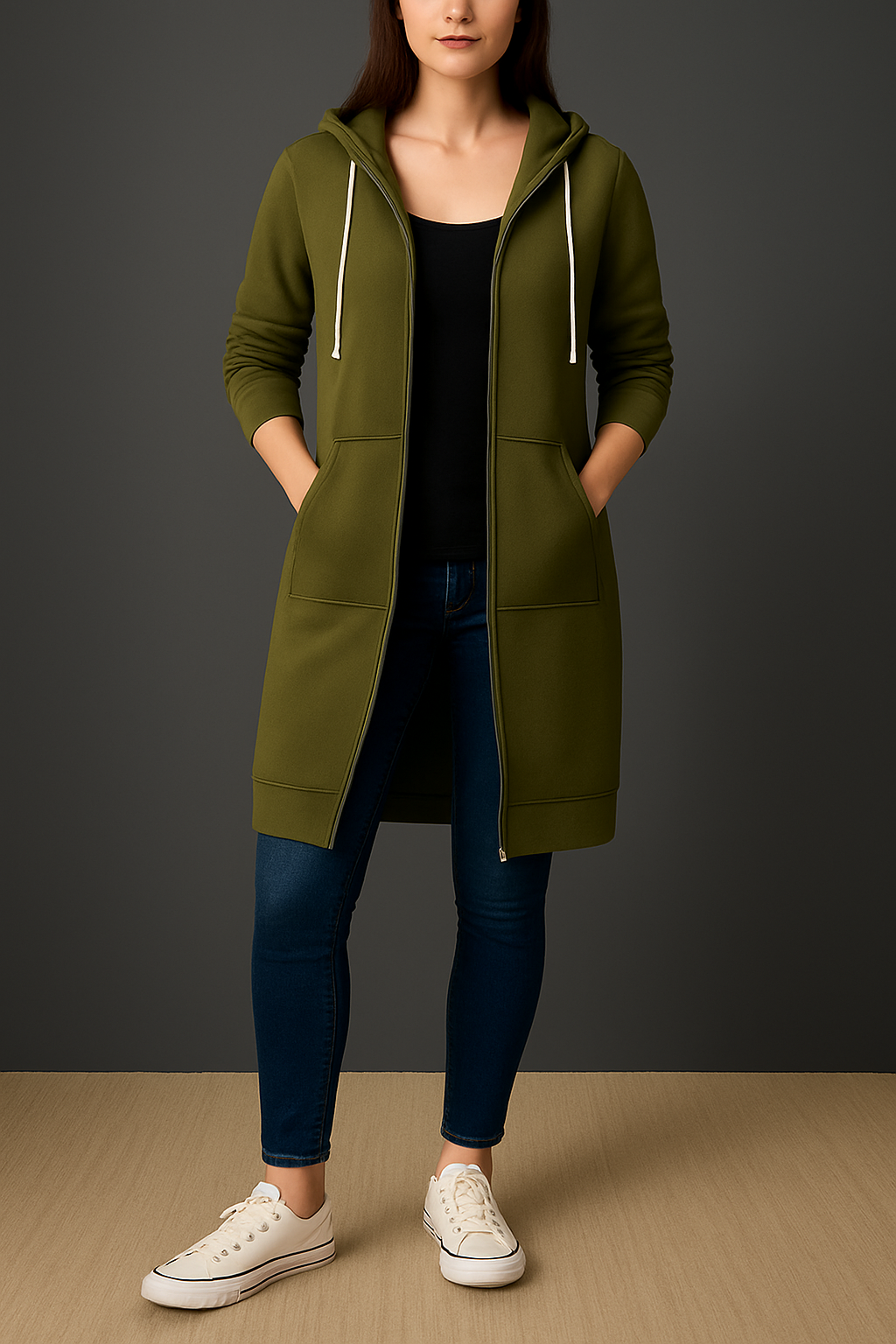 Kapuzenjacke Damen lang geschnitten mit praktischen Taschen | A&Z - 3 - Atelier-Zofia