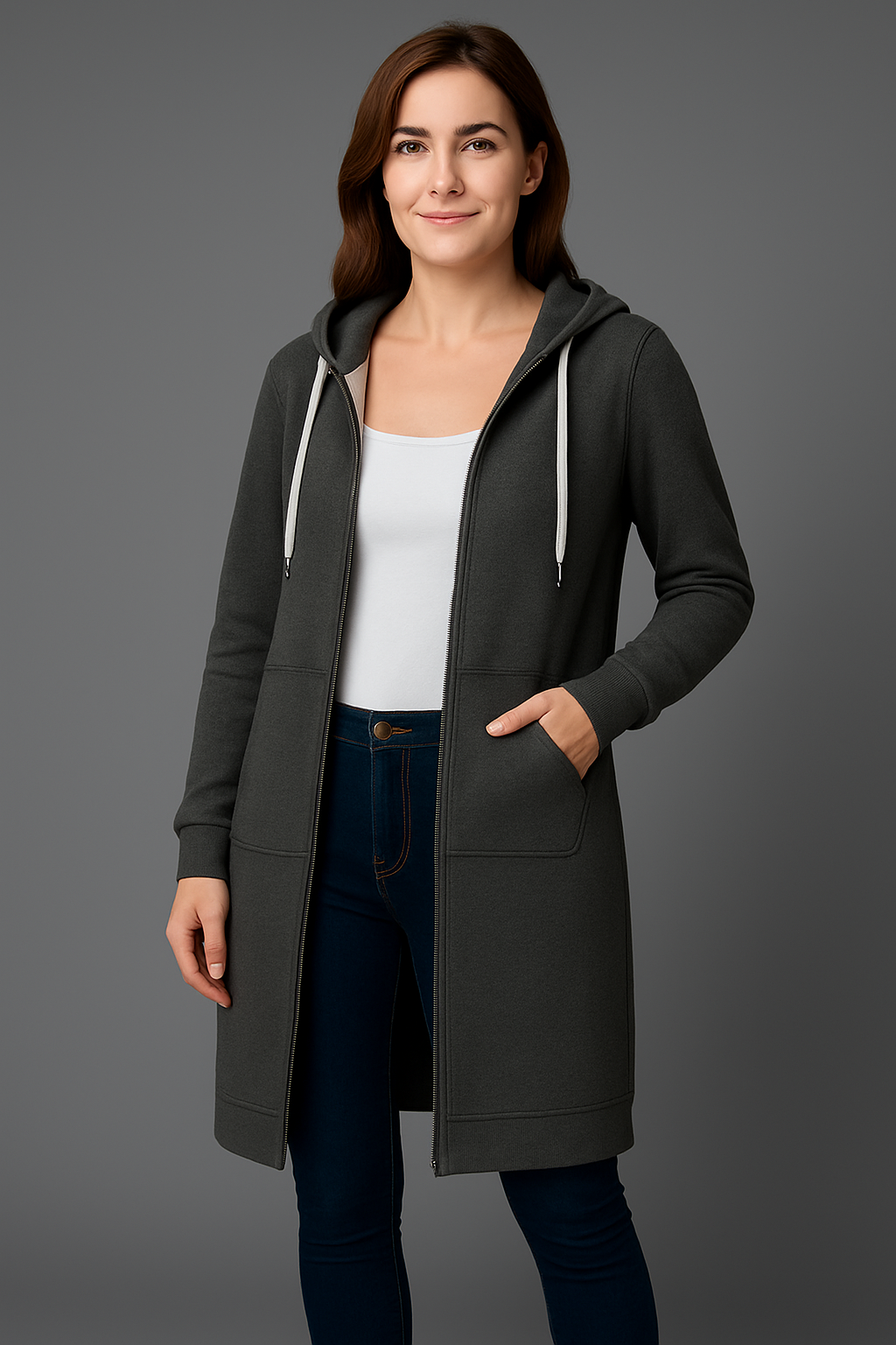 Kapuzenjacke Damen lang geschnitten mit praktischen Taschen | A&Z - 6 - Atelier-Zofia