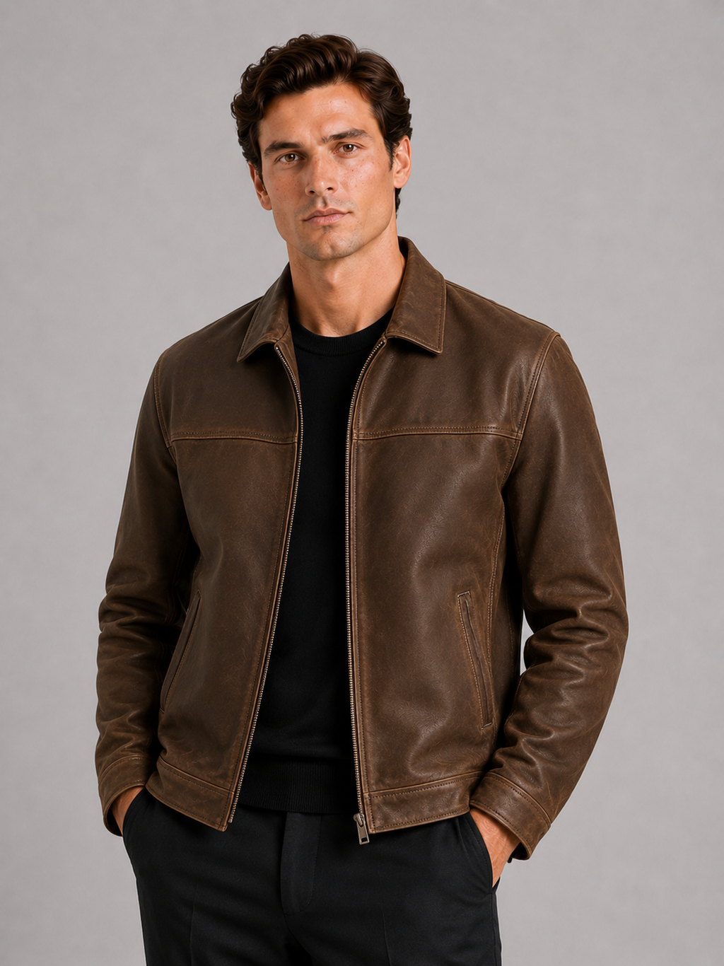 Herren Lederjacke im klassischen Stil mit modernem Reißverschluss - J&B - 1 - Atelier-Zofia