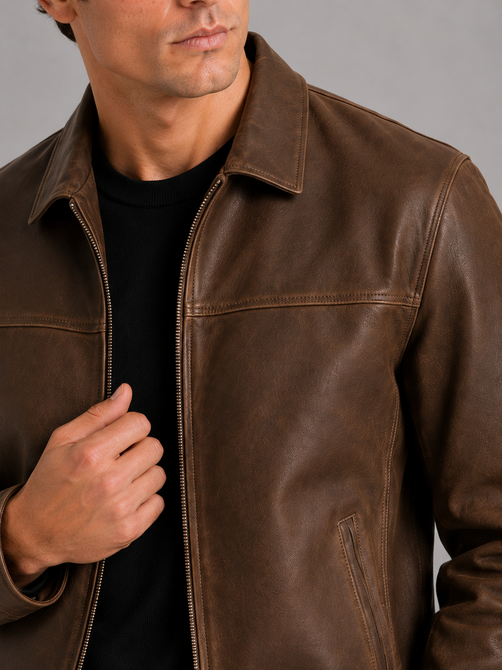 Herren Lederjacke im klassischen Stil mit modernem Reißverschluss - J&B - 3 - Atelier-Zofia
