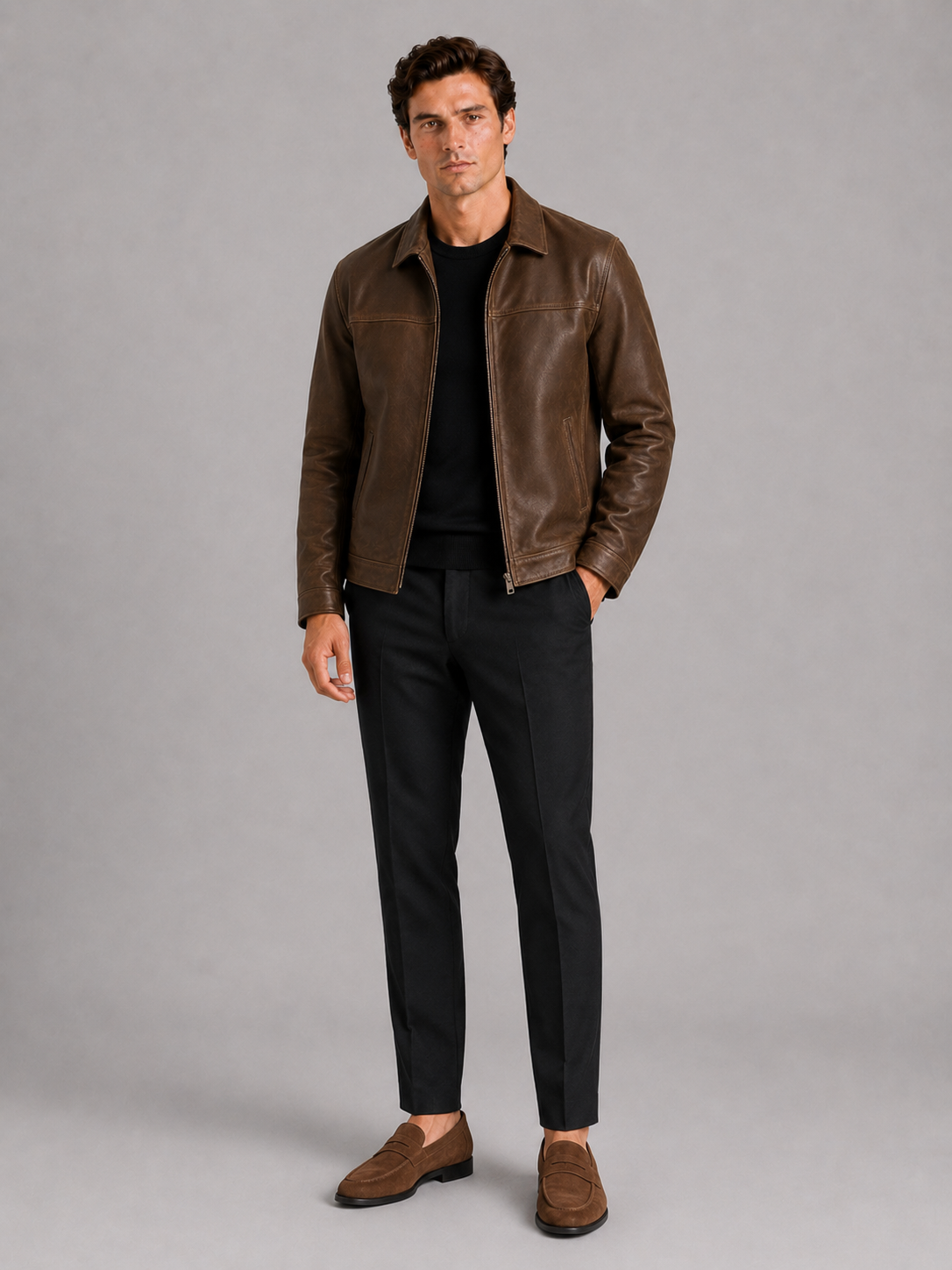 Herren Lederjacke im klassischen Stil mit modernem Reißverschluss - J&B - 4 - Atelier-Zofia