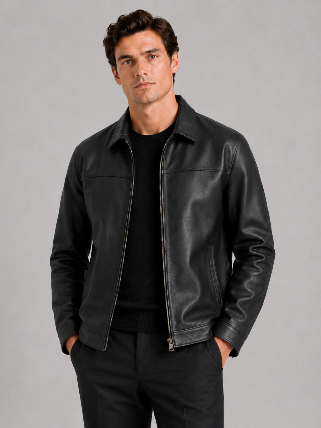 Herren Lederjacke im klassischen Stil mit modernem Reißverschluss - J&B - 7 - Atelier-Zofia