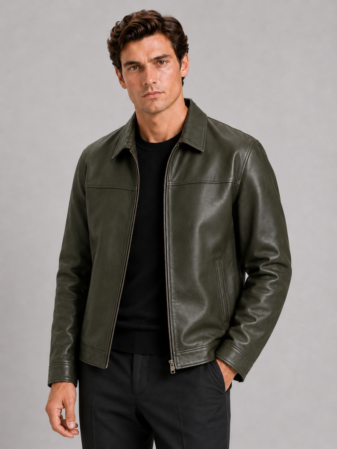 Herren Lederjacke im klassischen Stil mit modernem Reißverschluss - J&B - 13 - Atelier-Zofia