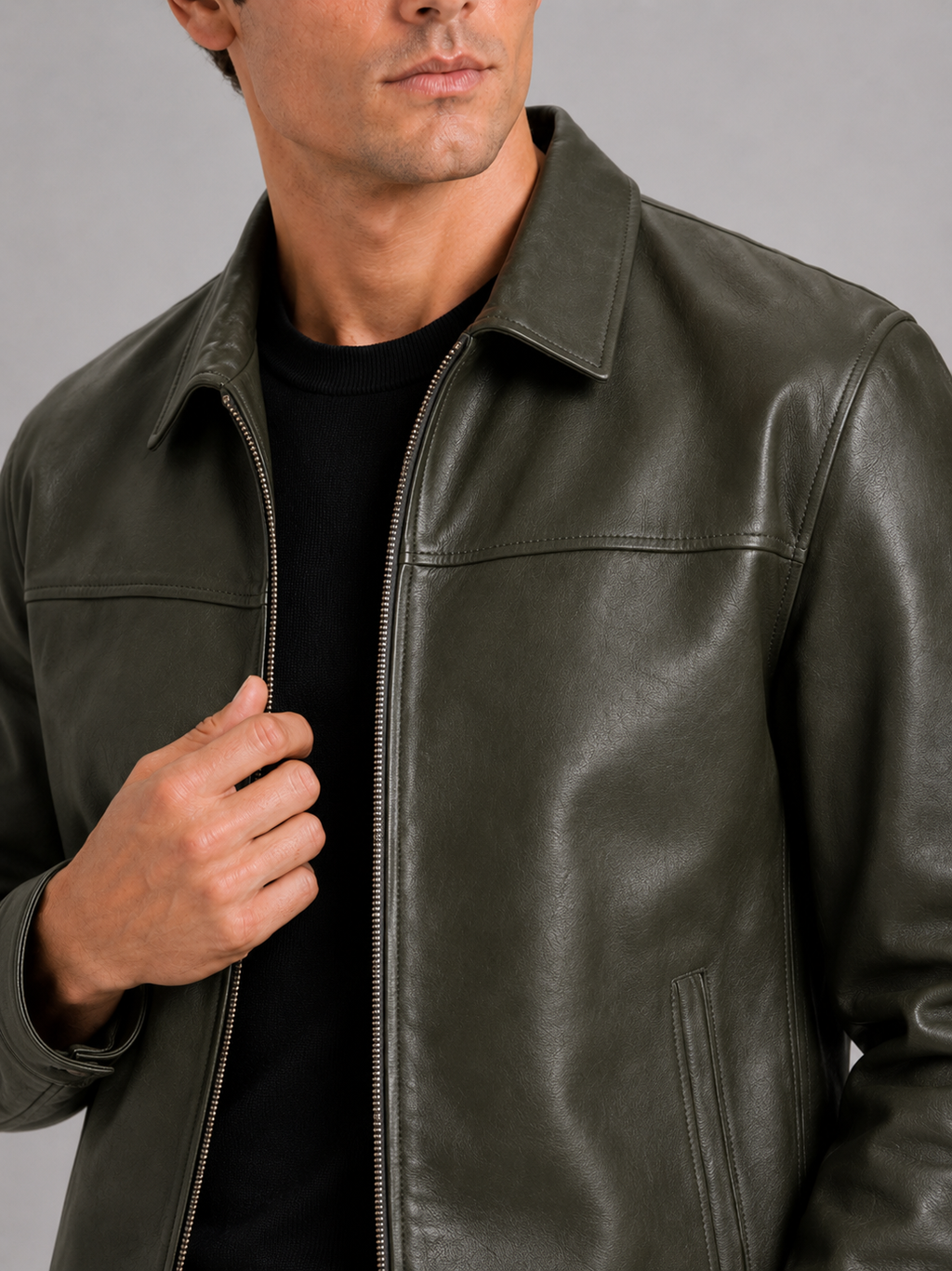 Herren Lederjacke im klassischen Stil mit modernem Reißverschluss - J&B - 14 - Atelier-Zofia