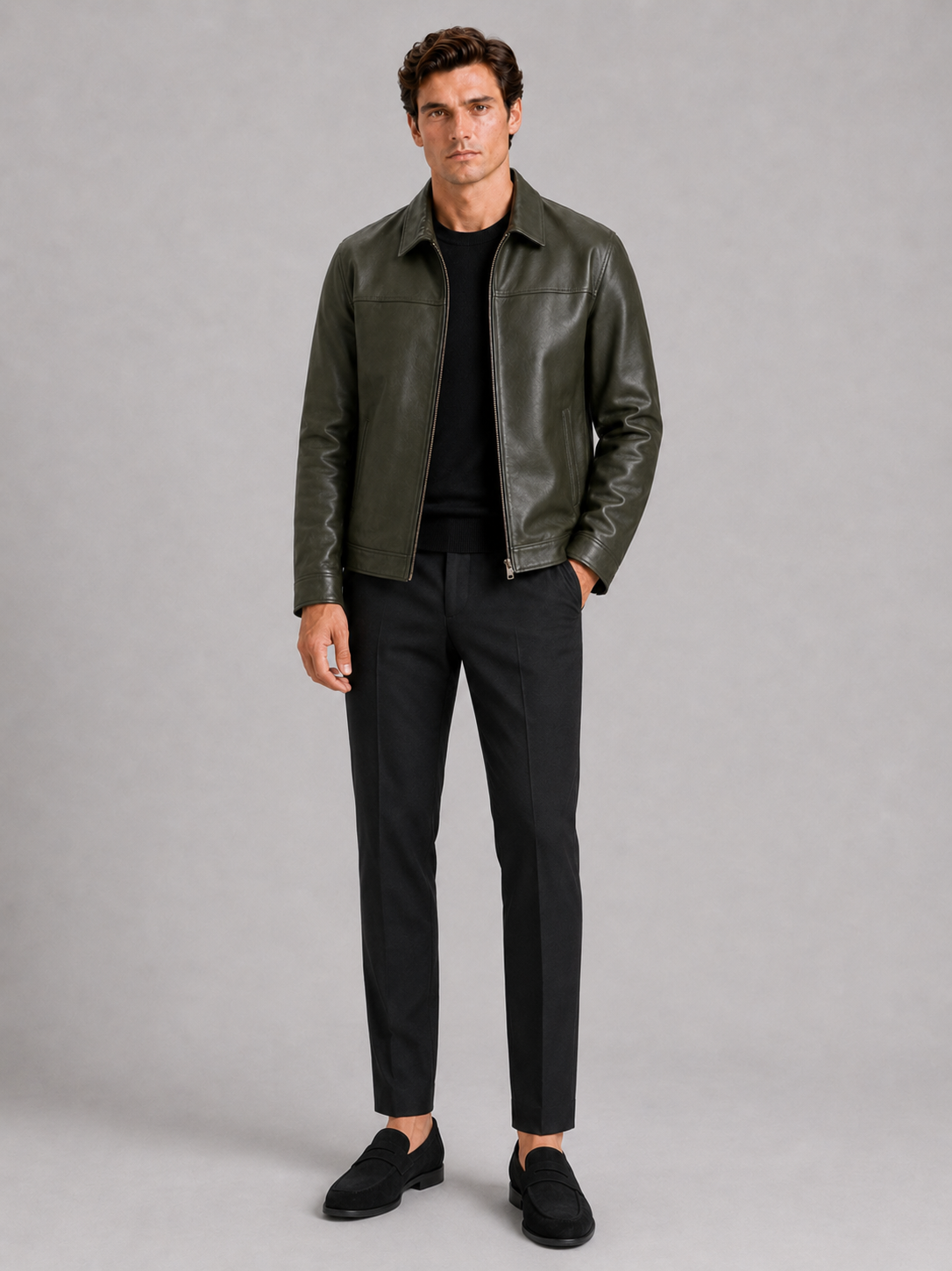 Herren Lederjacke im klassischen Stil mit modernem Reißverschluss - J&B - 15 - Atelier-Zofia