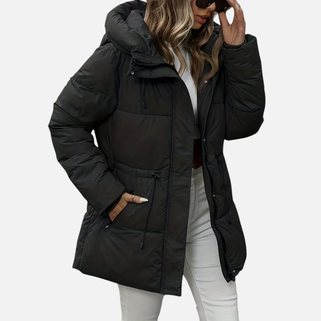 Damen Daunenjacke in langer Ausführung mit Kapuze und anpassbarem Kordelzug - J&B - 2 - Atelier-Zofia
