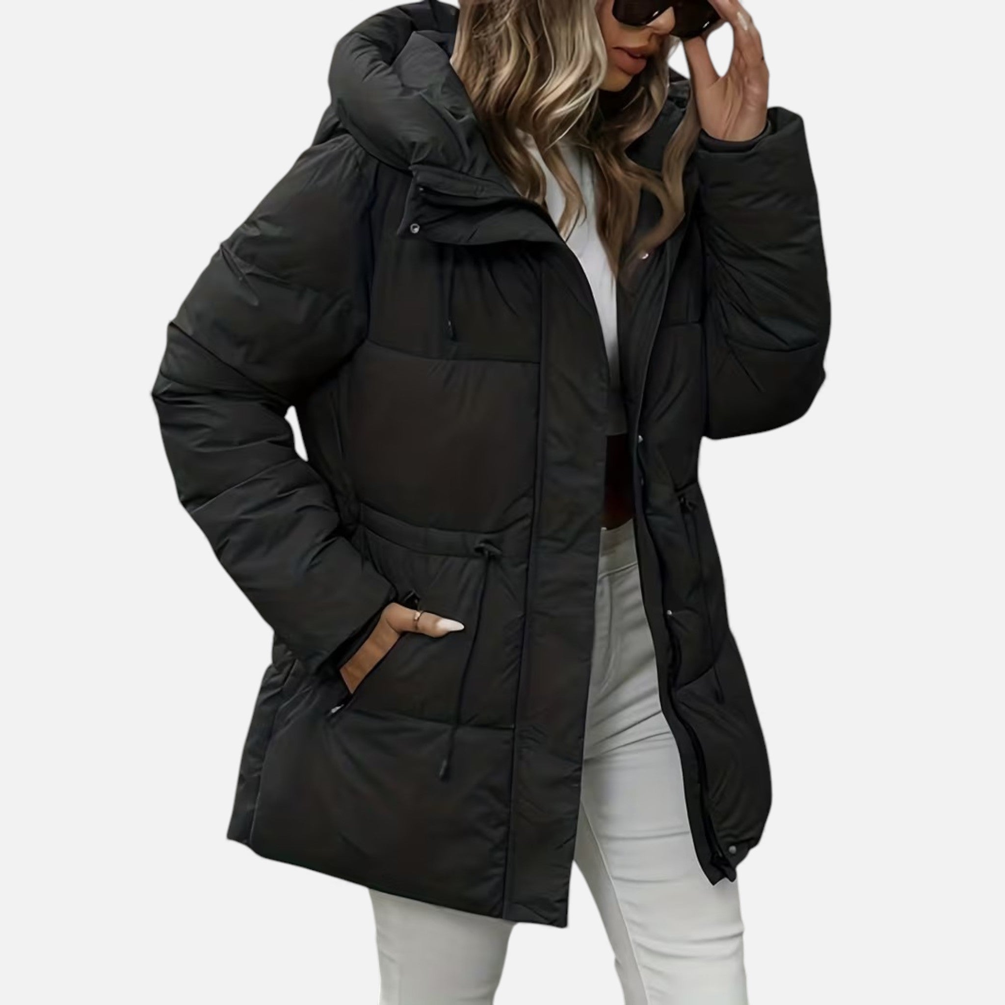 Damen Daunenjacke in langer Ausführung mit Kapuze und anpassbarem Kordelzug - J&B - 2 - Atelier-Zofia