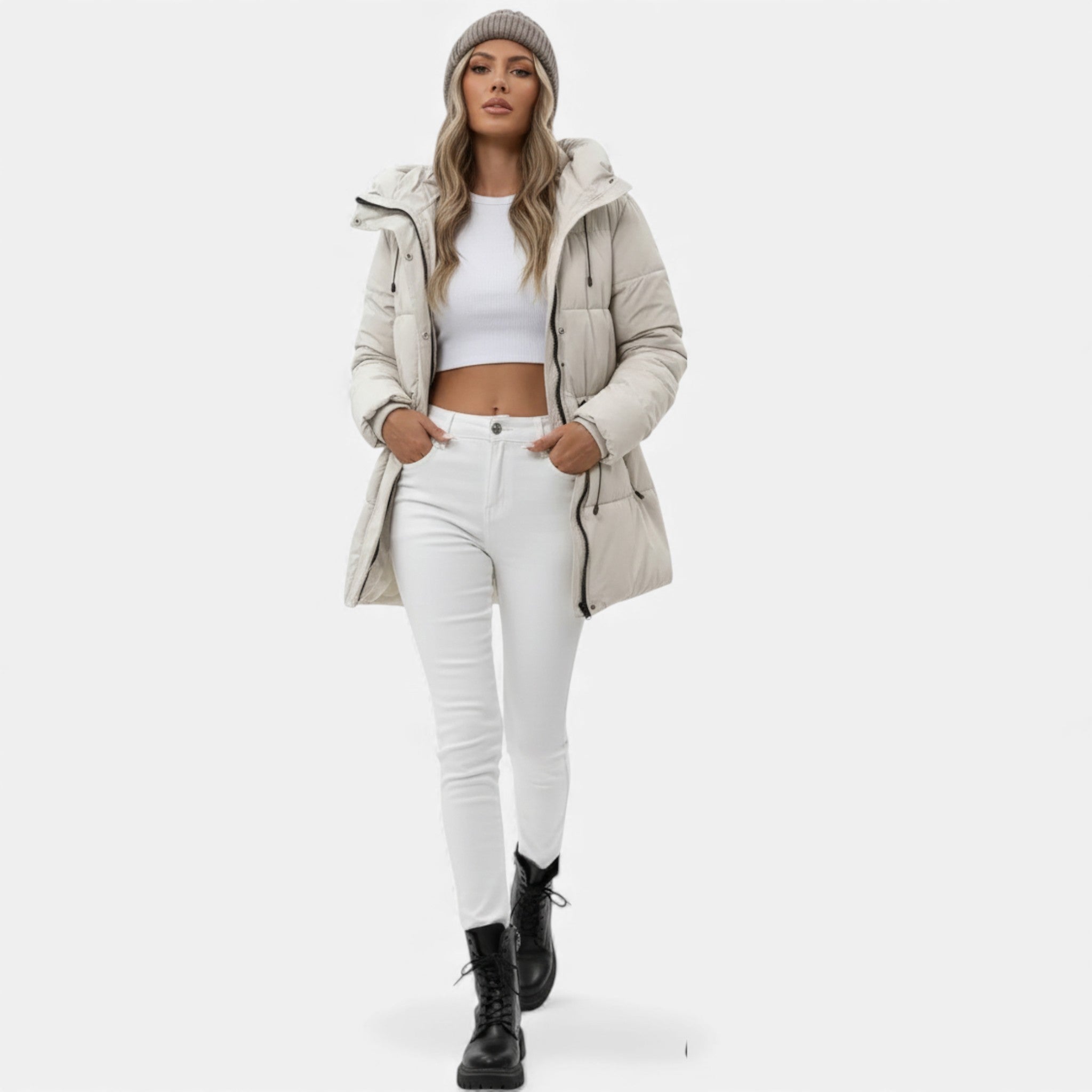 Damen Daunenjacke in langer Ausführung mit Kapuze und anpassbarem Kordelzug - J&B - 5 - Atelier-Zofia
