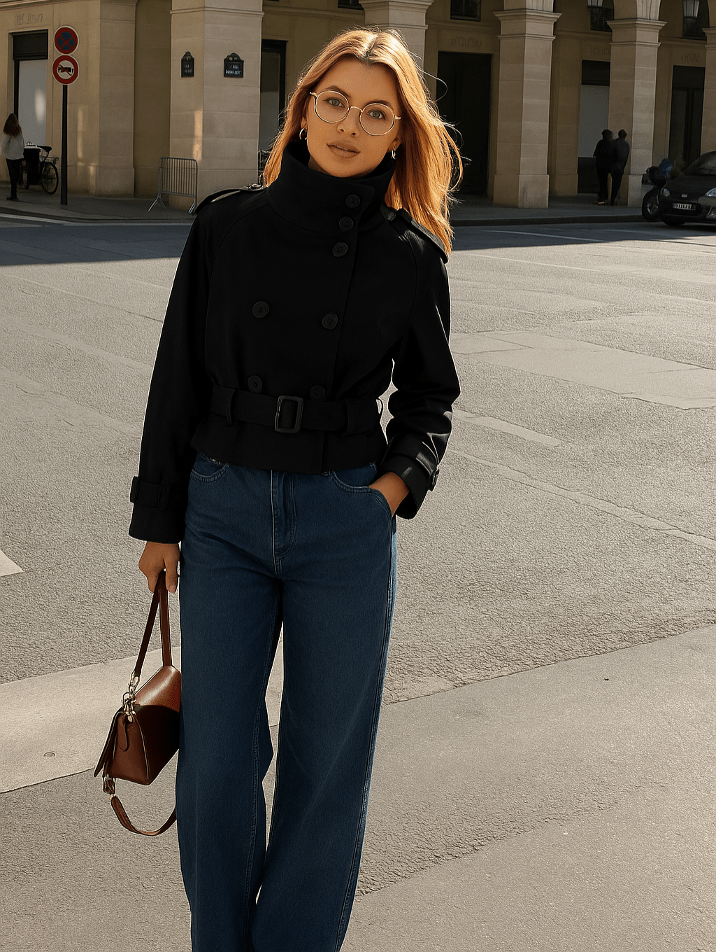 Elegante kurze Jacke für Damen mit doppelter Knopfreihe und Taillengürtel - J&B - 6 - Atelier-Zofia