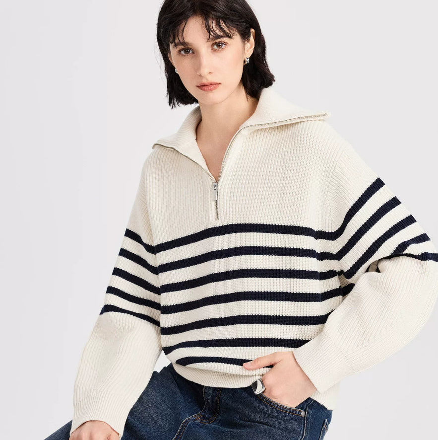 Stylischer Damenpullover mit Streifen und Reißverschluss - J&B - 4 - Atelier-Zofia