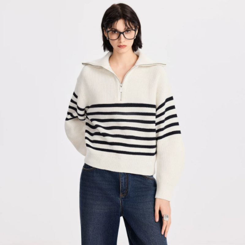 Stylischer Damenpullover mit Streifen und Reißverschluss - J&B - 6 - Atelier-Zofia