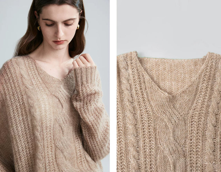 Damenpullover mit V-Ausschnitt und strukturiertem Zopfmuster - J&B - 1 - Atelier-Zofia