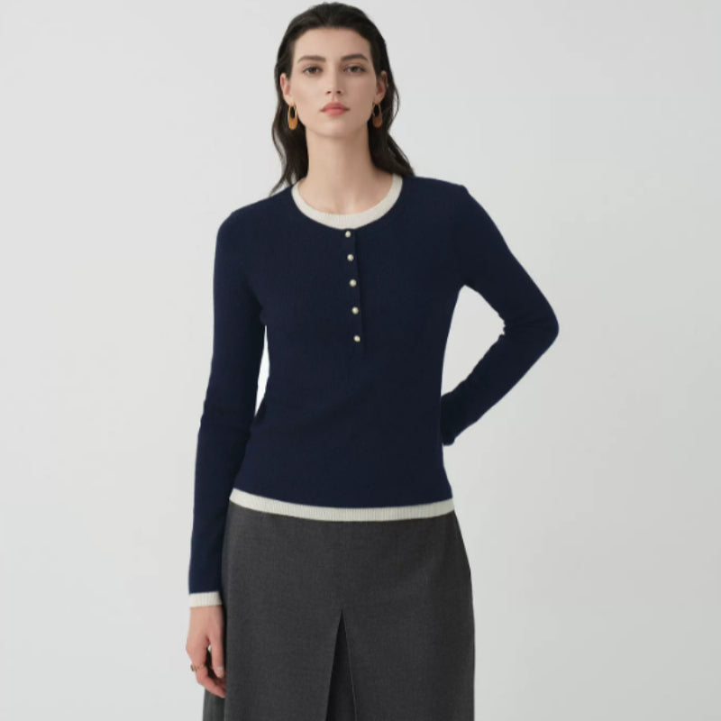 Damenpullover mit stilvollem Rippdesign und eleganten Knopfdetails - J&B - 2 - Atelier-Zofia