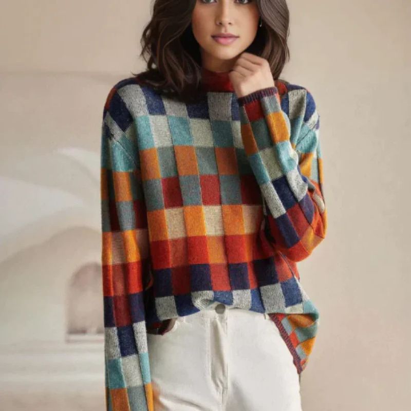 Damen Pullover mit Karomuster und lässigem Rollkragen - J&B - 2 - Atelier-Zofia