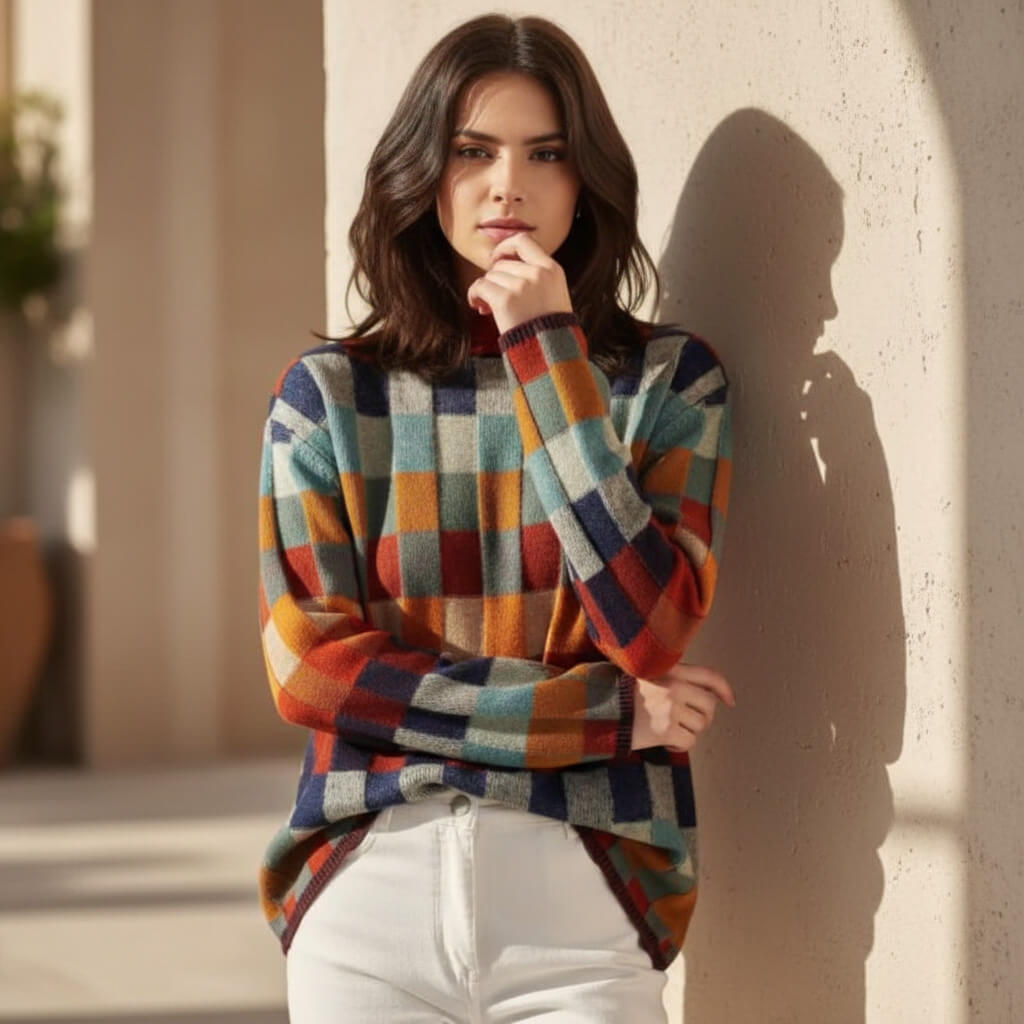 Damen Pullover mit Karomuster und lässigem Rollkragen - J&B - 3 - Atelier-Zofia