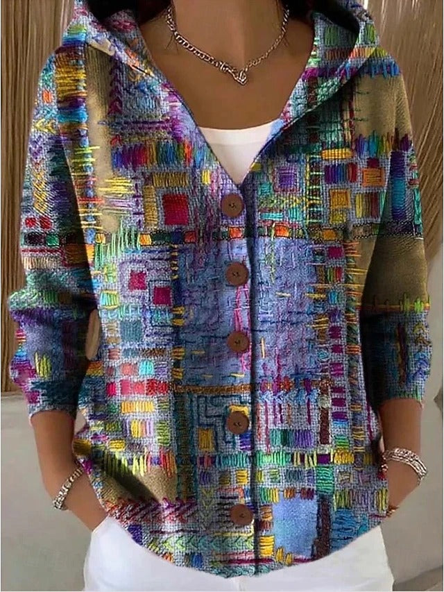 Modische Kapuzen-Strickjacke für Damen mit Knopfdetaillierung und stilvollen Mustern - J&B - 1 - Atelier-Zofia
