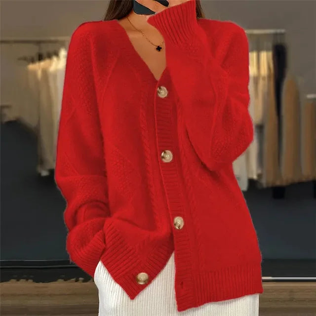 Klassische Damen-Strickjacke – Bequemer Strickpullover mit Knopfdetail und langen Ärmeln - J&B - 4 - Atelier-Zofia