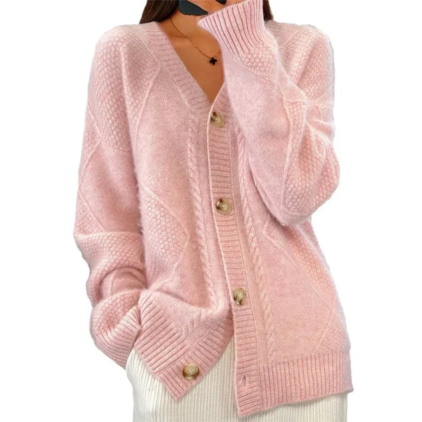 Klassische Damen-Strickjacke – Bequemer Strickpullover mit Knopfdetail und langen Ärmeln - J&B - 9 - Atelier-Zofia