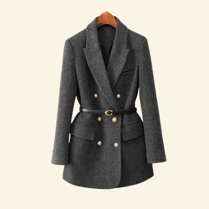 Stylischer Damen-Tweed-Blazer mit tailliertem Schnitt und Gürtel - J&B - 2 - Atelier-Zofia