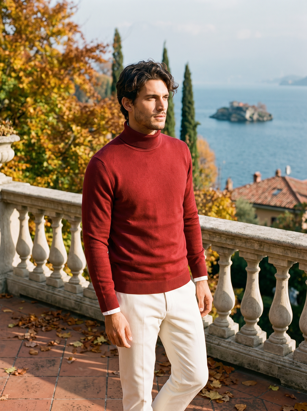 Burgunderfarbener Rollkragenpullover für Herren mit klassischer Schnittführung - J&B - 1 - Atelier-Zofia