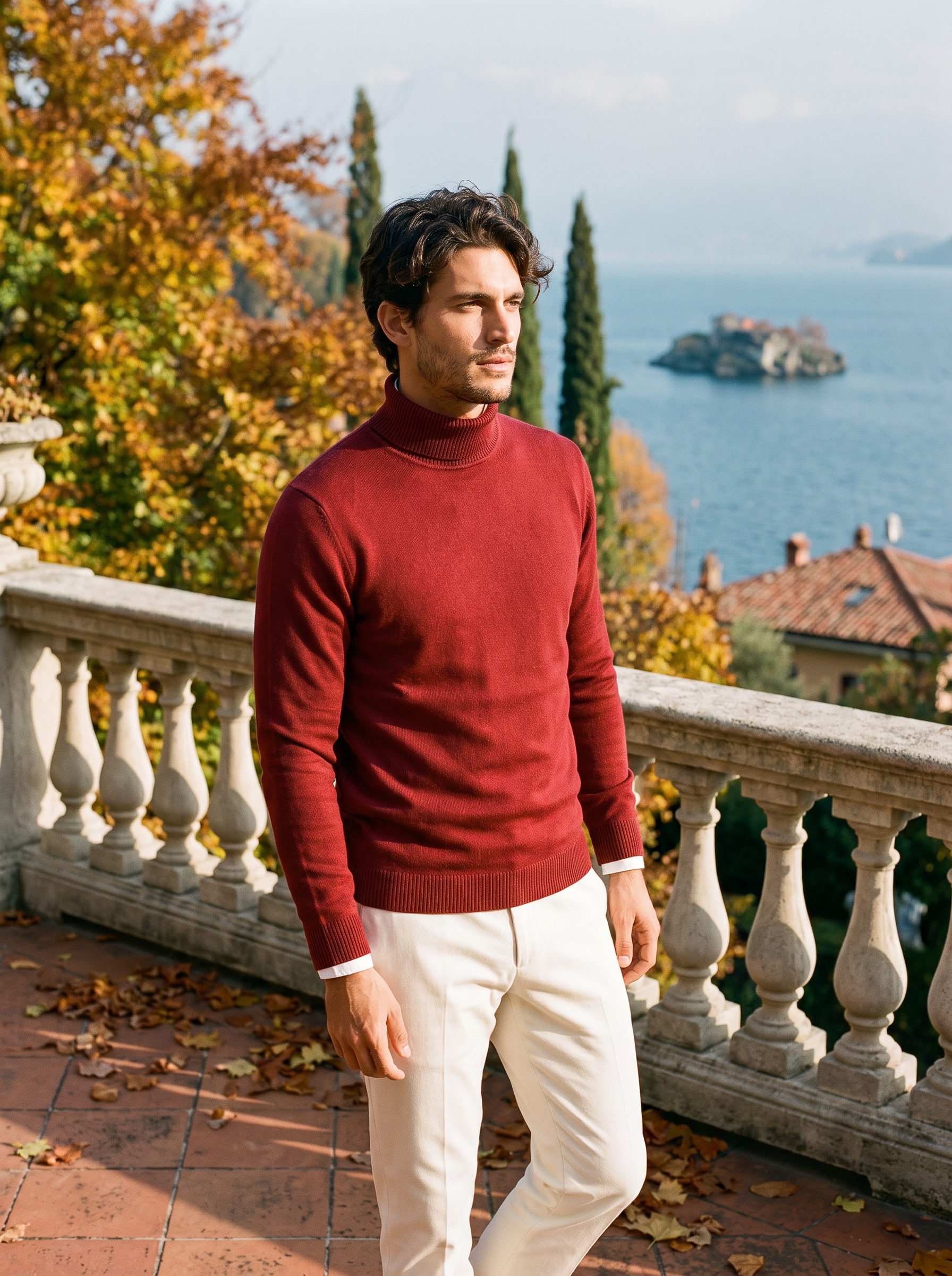 Burgunderfarbener Rollkragenpullover für Herren mit klassischer Schnittführung - J&B - 1 - Atelier-Zofia