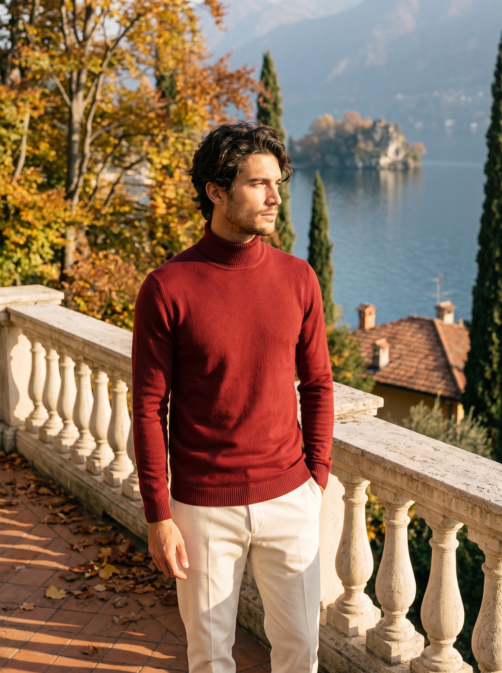 Burgunderfarbener Rollkragenpullover für Herren mit klassischer Schnittführung - J&B - 2 - Atelier-Zofia