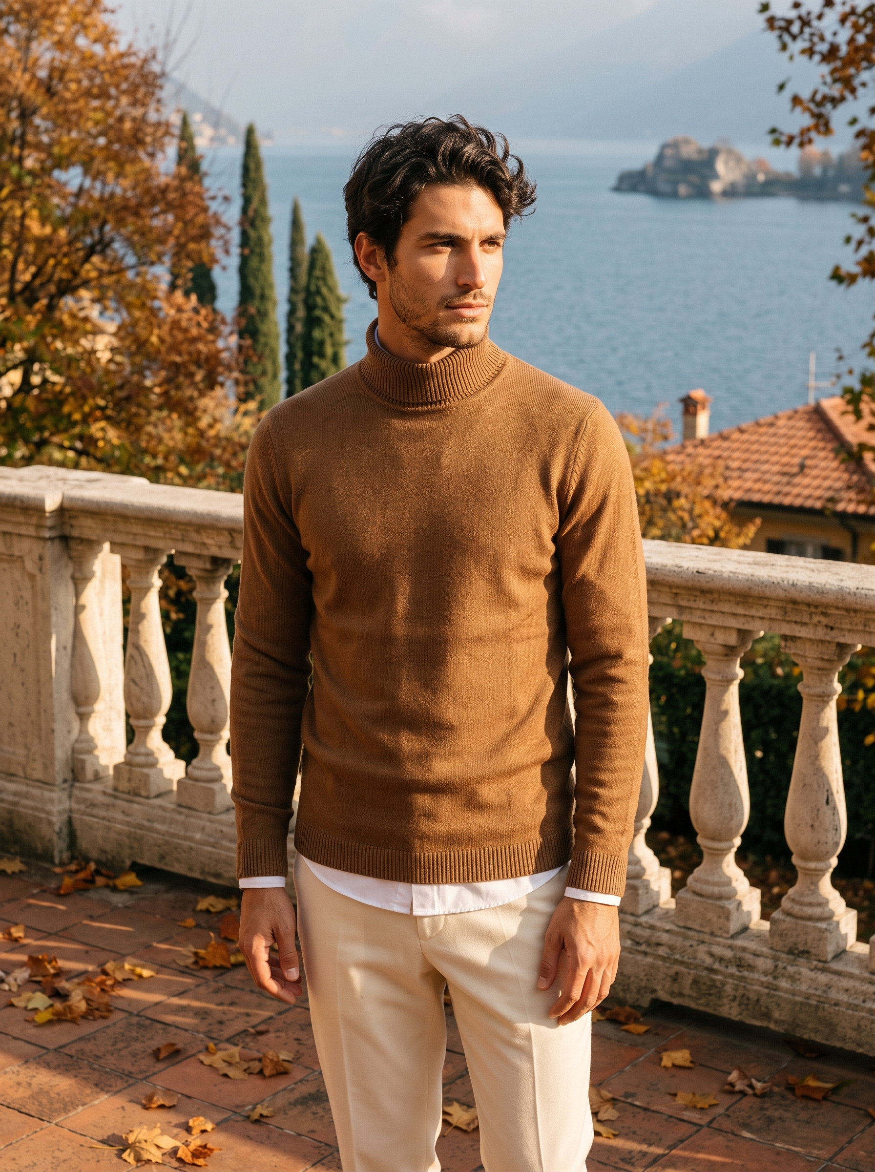 Burgunderfarbener Rollkragenpullover für Herren mit klassischer Schnittführung - J&B - 8 - Atelier-Zofia