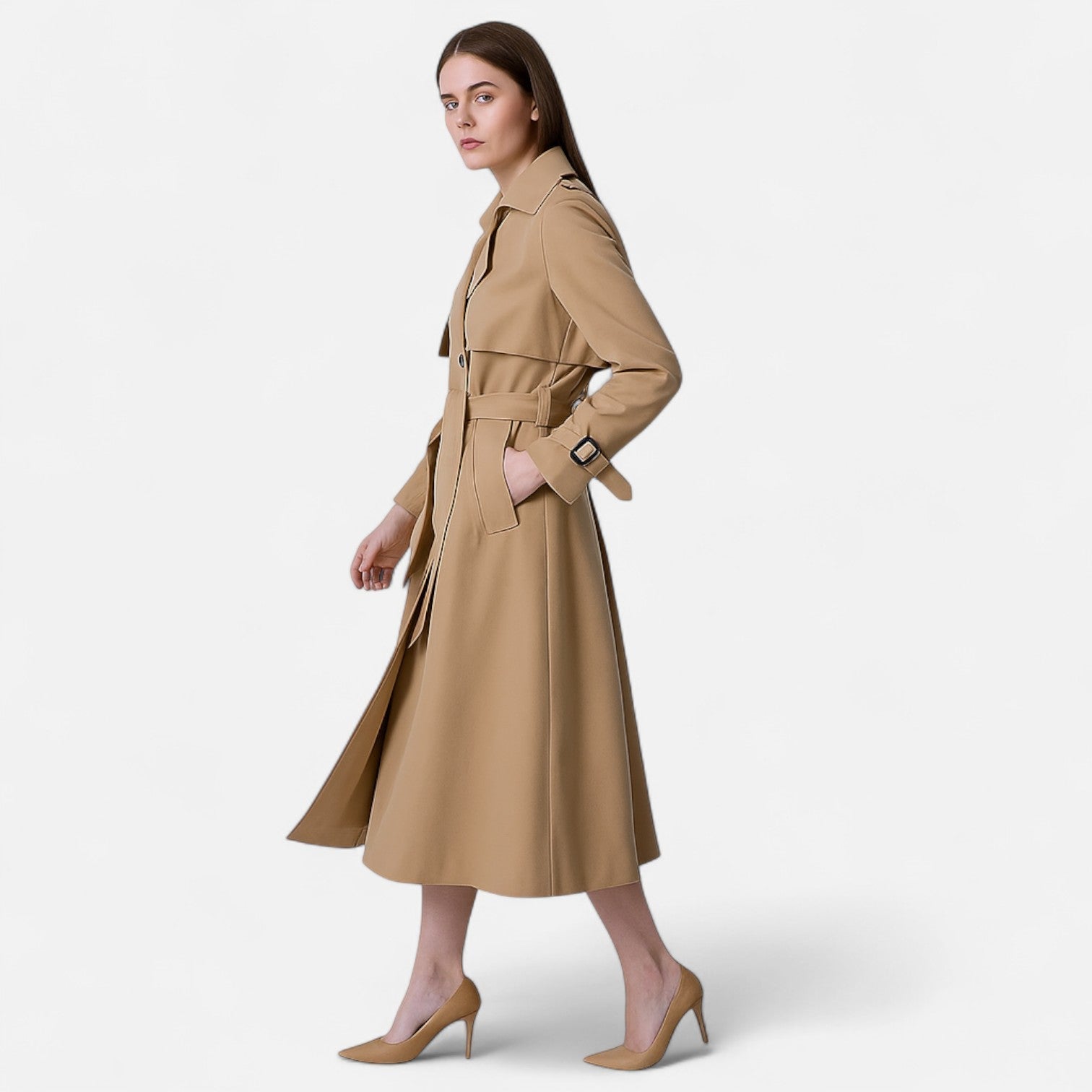 Damen Trenchcoat mit doppelter Knopfreihe, stilvolles Design - J&B - 3 - Atelier-Zofia
