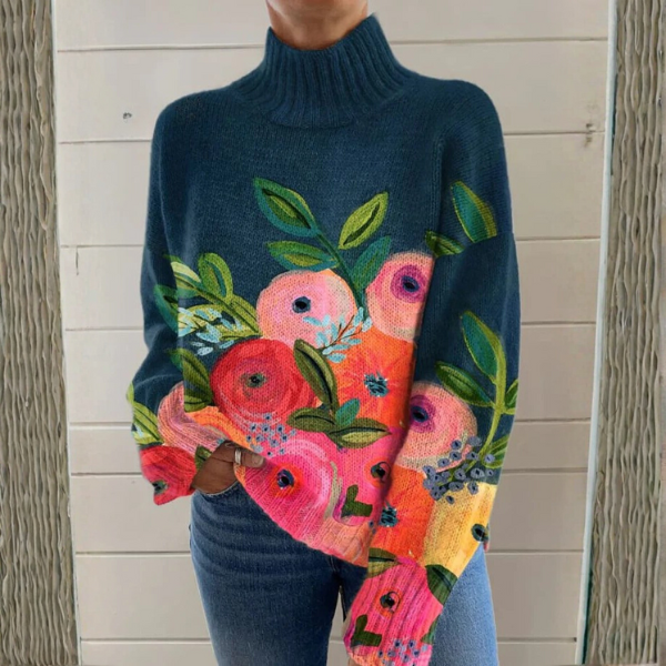 Eleganter Damenpullover mit floralem Muster und gemütlichem Rollkragen - J&B - 1 - Atelier-Zofia