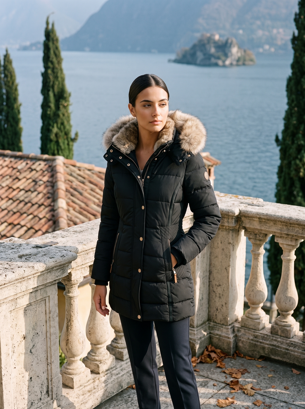 Elegante Damen-Steppjacke mit abnehmbarer Fellkapuze und figurschmeichelndem Schnitt - J&B - 2 - Atelier-Zofia