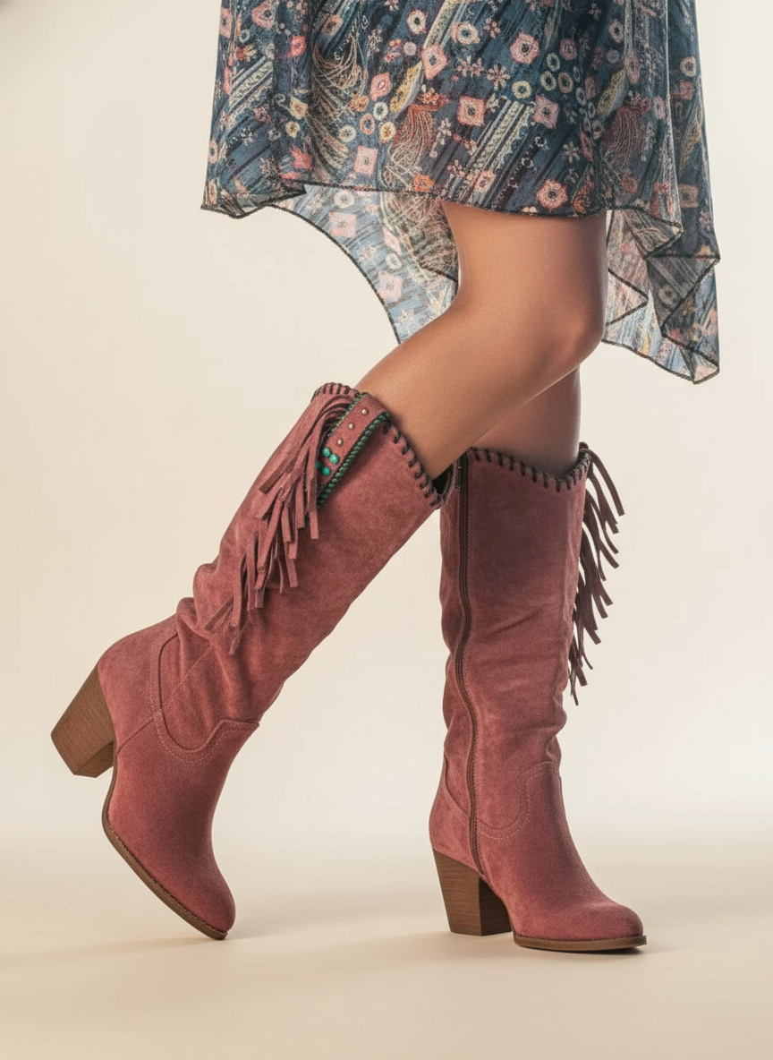 Damen Stiefel in Wadenhöhe mit Blockabsatz und trendiger Fransenverzierung - J&B - 1 - Atelier-Zofia