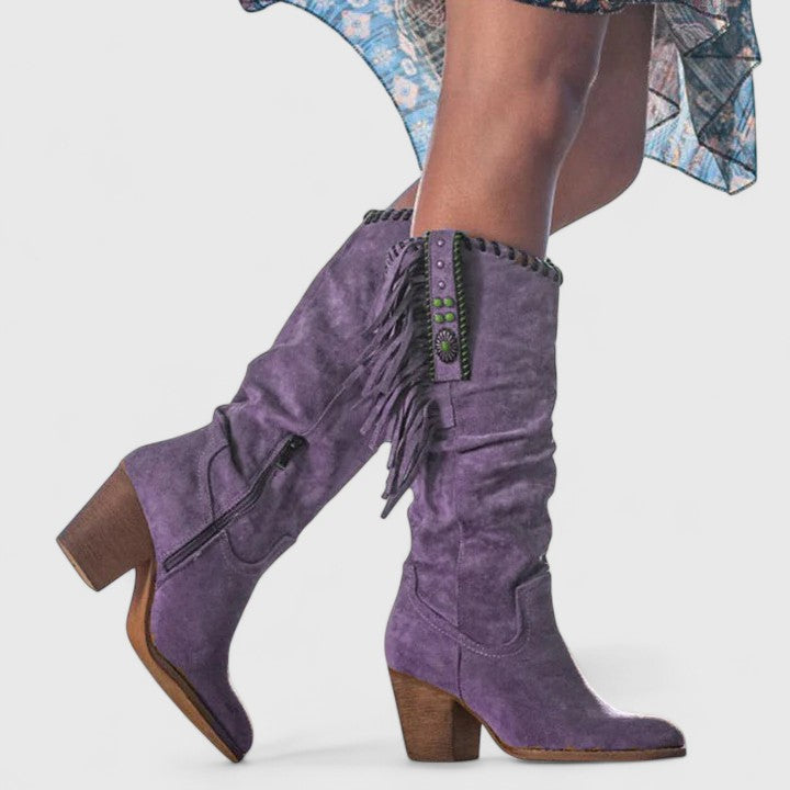 Damen Stiefel in Wadenhöhe mit Blockabsatz und trendiger Fransenverzierung - J&B - 2 - Atelier-Zofia