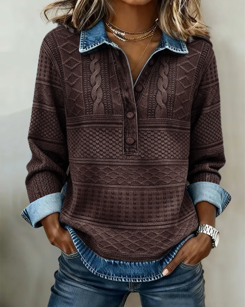 Modisches Damen-Sweatshirt im Denim-Design mit halber Knopfleiste und strukturierten Akzenten - J&B - 3 - Atelier-Zofia