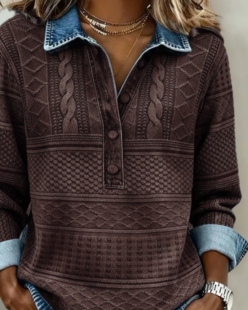 Modisches Damen-Sweatshirt im Denim-Design mit halber Knopfleiste und strukturierten Akzenten - J&B - 4 - Atelier-Zofia