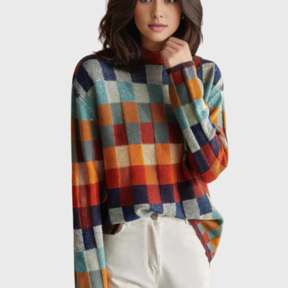 Modischer Damenpullover mit hohem Kragen und lebendigem Karomuster für stilbewusste Outfits - 1 - Atelier-Zofia