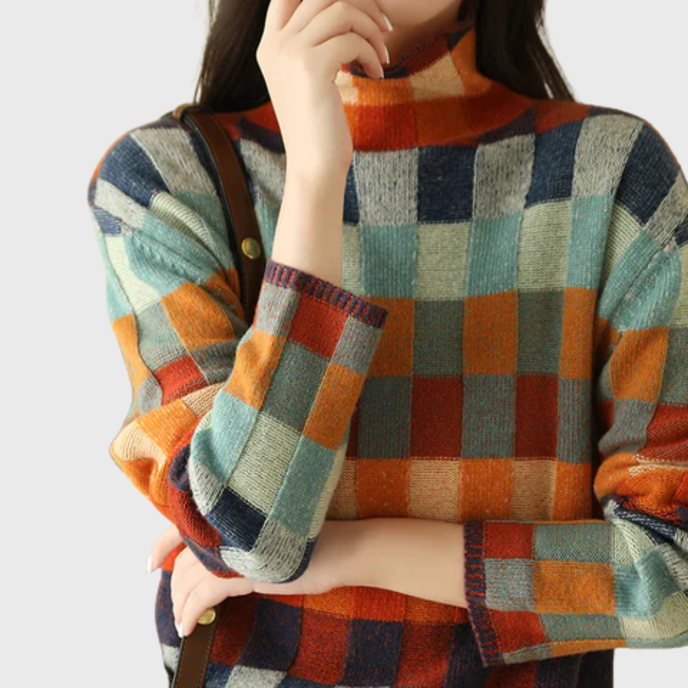 Modischer Damenpullover mit hohem Kragen und lebendigem Karomuster für stilbewusste Outfits - 2 - Atelier-Zofia