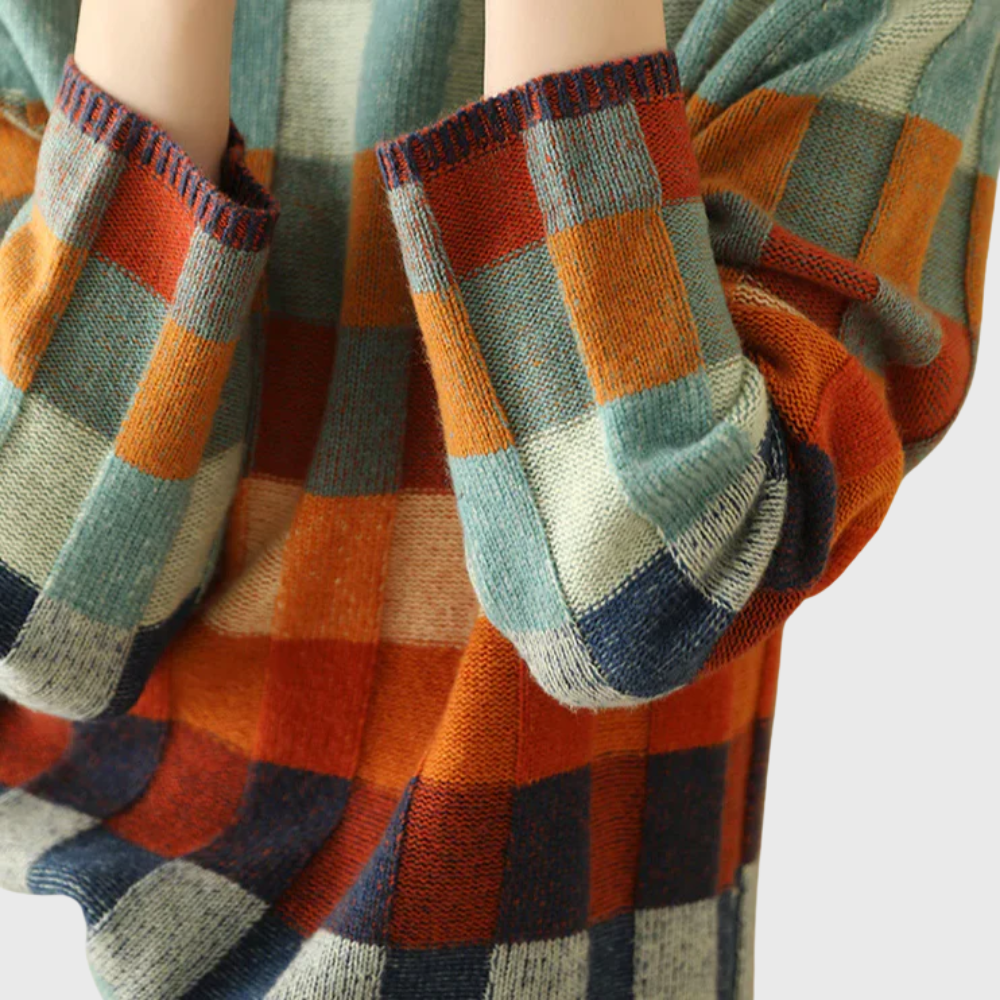 Modischer Damenpullover mit hohem Kragen und lebendigem Karomuster für stilbewusste Outfits - 4 - Atelier-Zofia