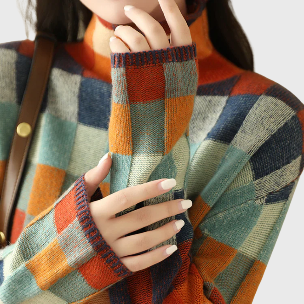 Modischer Damenpullover mit hohem Kragen und lebendigem Karomuster für stilbewusste Outfits - 5 - Atelier-Zofia