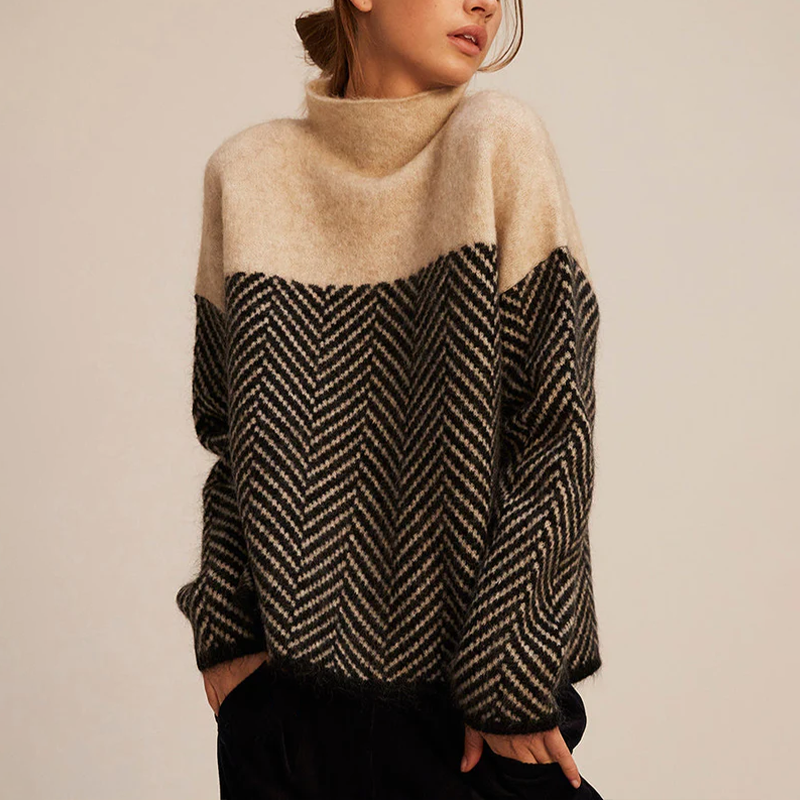 Modischer Damenpullover mit Chevron-Muster und hohem Kragen – J&B - 1 - Atelier-Zofia