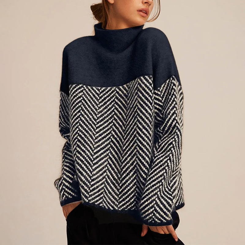 Modischer Damenpullover mit Chevron-Muster und hohem Kragen – J&B - 2 - Atelier-Zofia