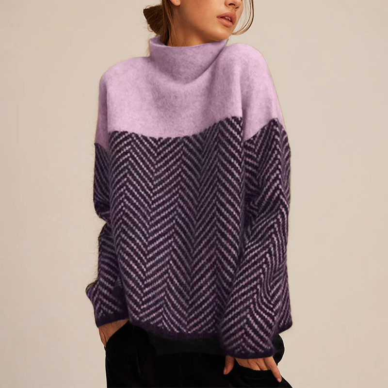 Modischer Damenpullover mit Chevron-Muster und hohem Kragen – J&B - 3 - Atelier-Zofia