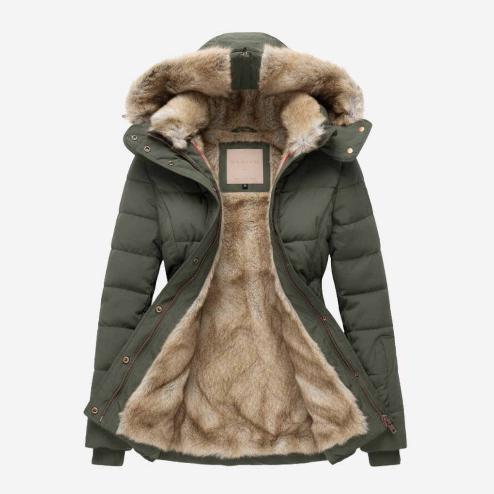 Stylische Damen-Daunenjacke mit Kapuze und kuscheligem Kunstfell - J&B - 3 - Atelier-Zofia