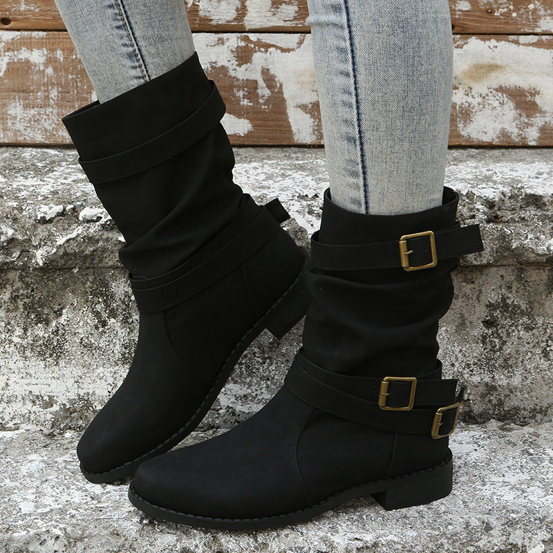 Modische Damenstiefel mit niedrigem Absatz und eleganten Schnallen - J&B - 4 - Atelier-Zofia