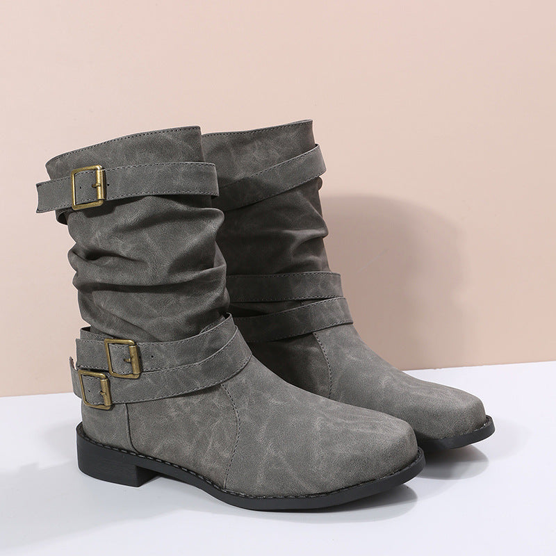 Modische Damenstiefel mit niedrigem Absatz und eleganten Schnallen - J&B - 5 - Atelier-Zofia