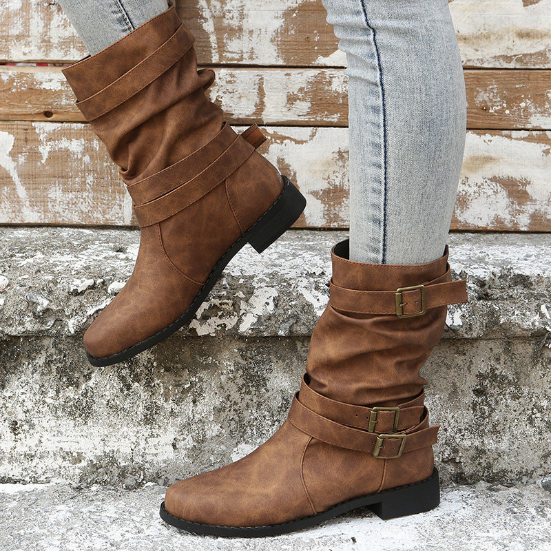 Modische Damenstiefel mit niedrigem Absatz und eleganten Schnallen - J&B - 6 - Atelier-Zofia