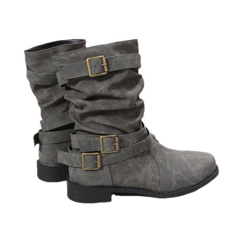 Modische Damenstiefel mit niedrigem Absatz und eleganten Schnallen - J&B - 8 - Atelier-Zofia