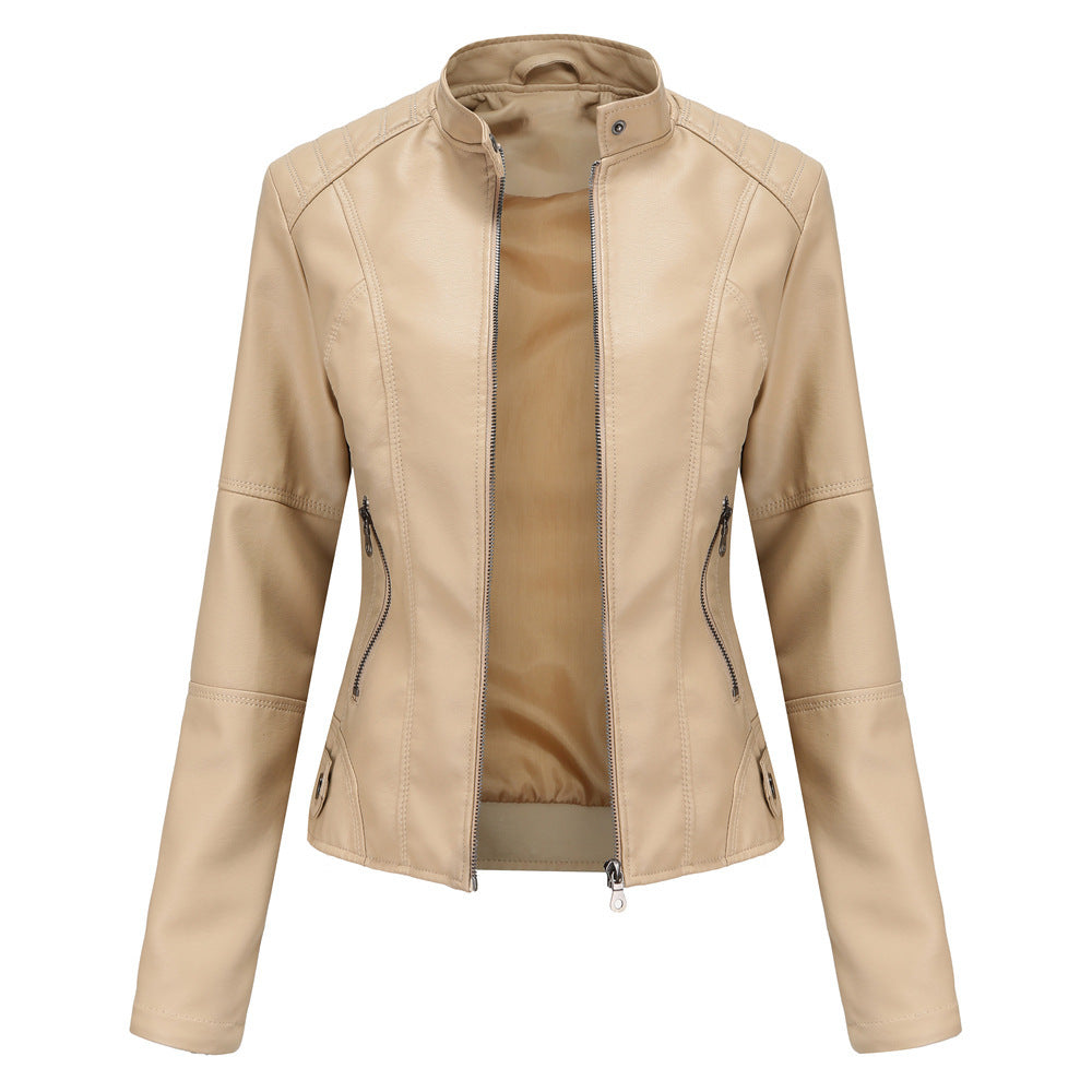 Elegante Damen-Lederjacke mit modischem Stehkragen und trendigen Reißverschlussdetails - J&B - 2 - Atelier-Zofia